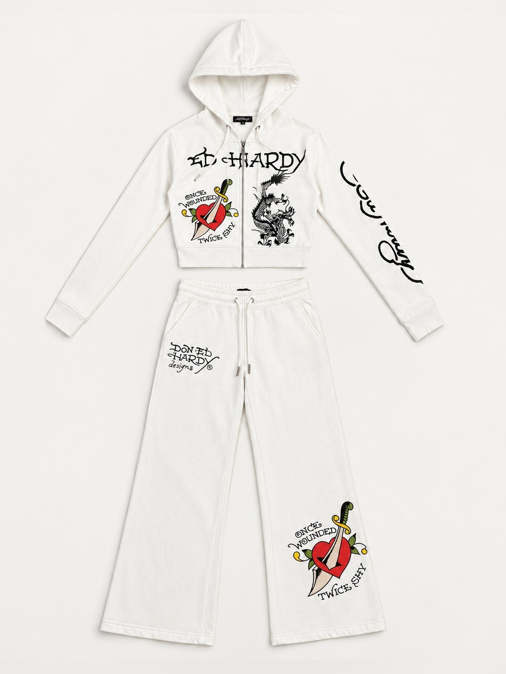Ed Hardy White Hoodie and Sweatpants Set with Tattoo Graphics